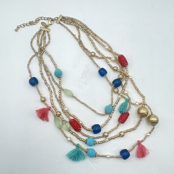 Chico's Colorful Multi-Strand Beaded Necklace With Tassels & Adjustable Gold Cha